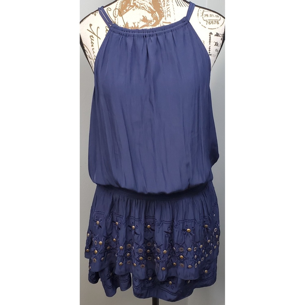 Ramy Brook Dress Womens Medium Navy Hillary Embellished Drop Waist Halter Neck